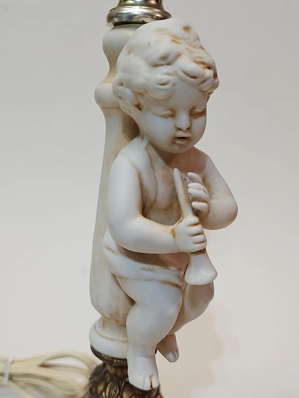 Vintage Midcentury Porcelain Bisque White Cherub Table Lamp with Brass Base